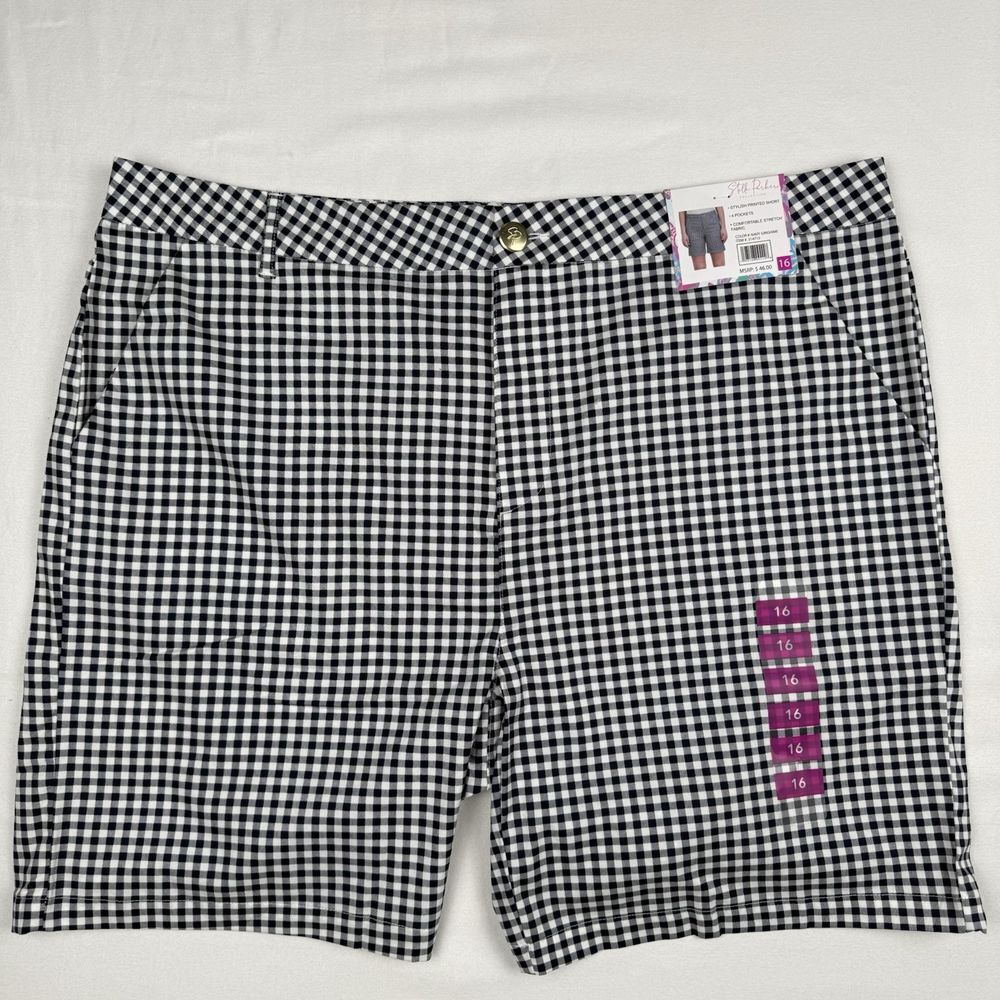 Stella Parker Women's Shorts‎ 16 Stretch Navy Blue Gingham Check Golf NEW $46